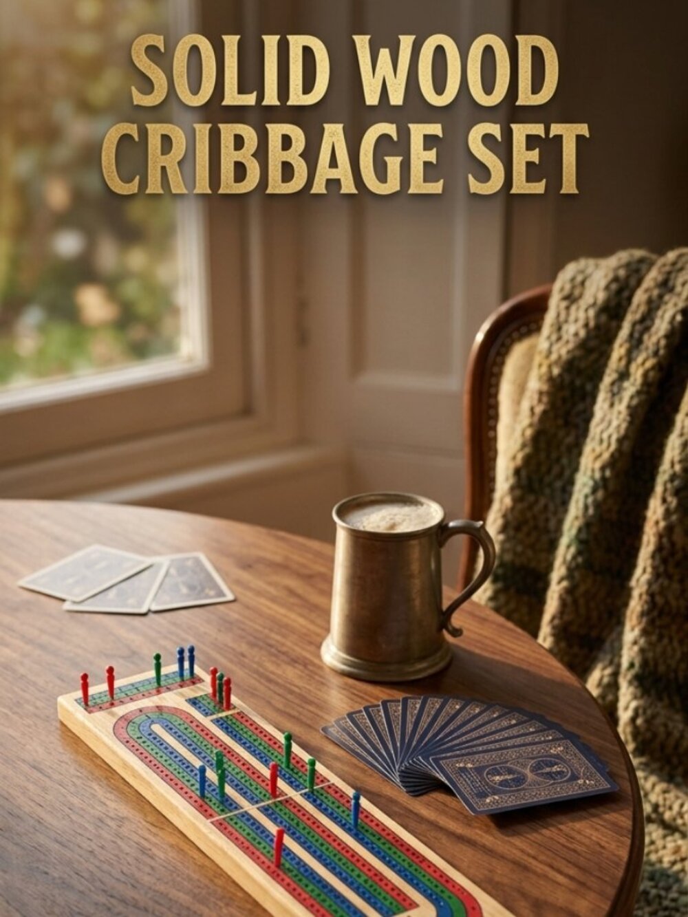 Classic Solid Wood 3-Track Cribbage Set with Playing Cards - NEW